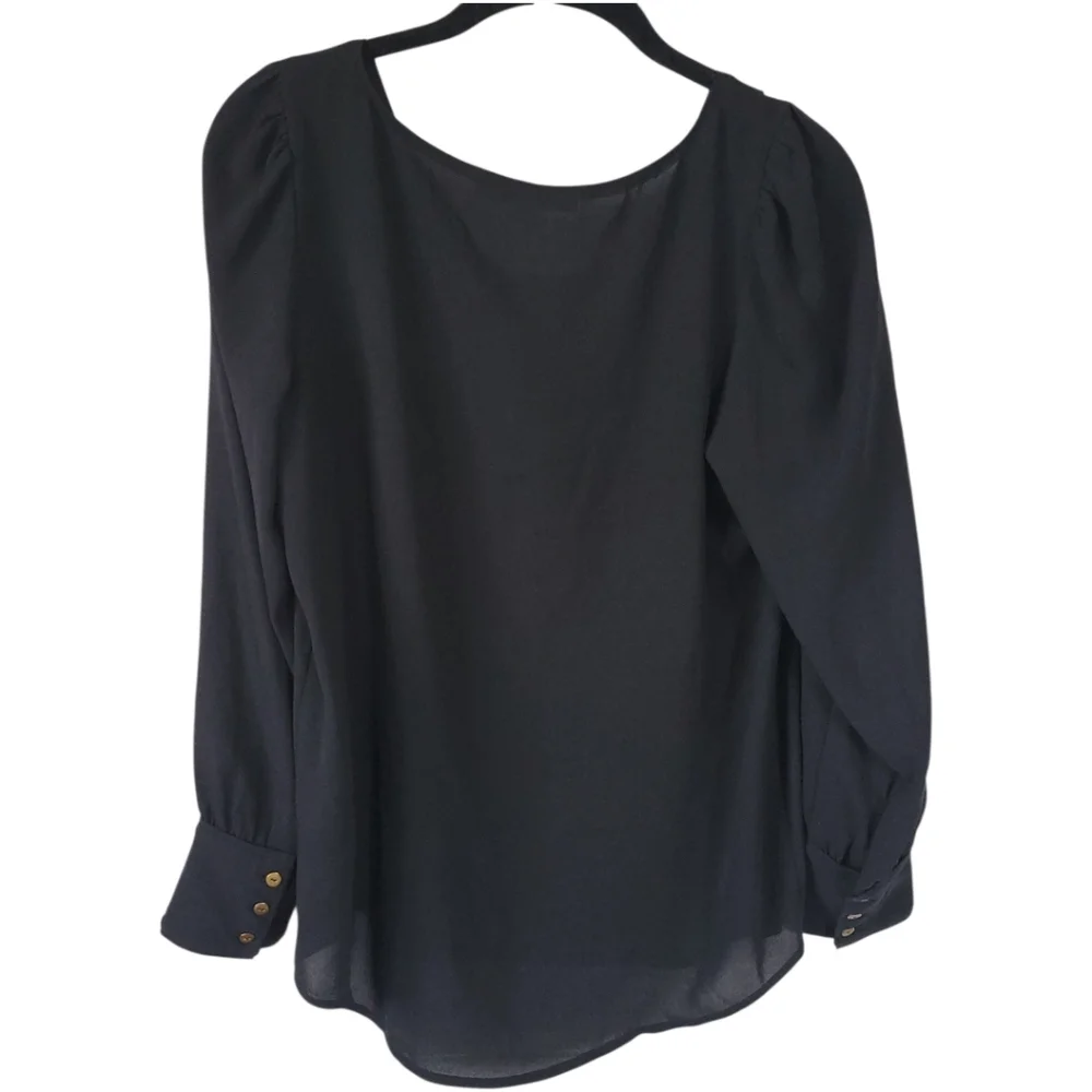 LOFT Small Petite Black Semi Sheer Blouse Puff Sleeve Button Cuff Classic Top